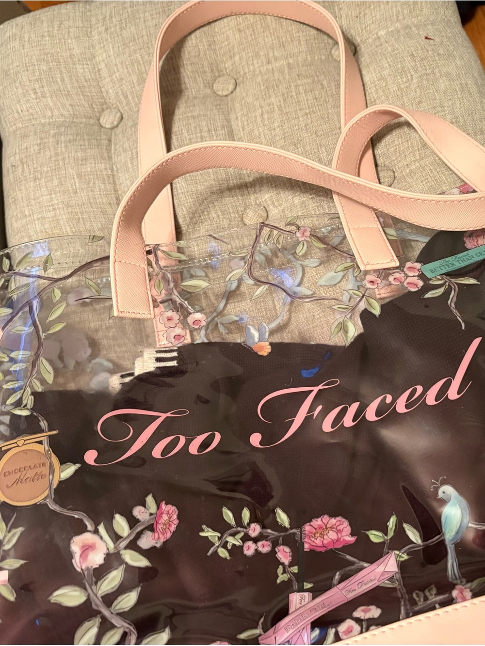 Too Faced Pink-Accented Peacock Clear Floral Tote